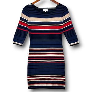 Apricot 6 Small Striped 3/4 Midi Scoop Neck Colorful Dress Stretch Retro Formal‎